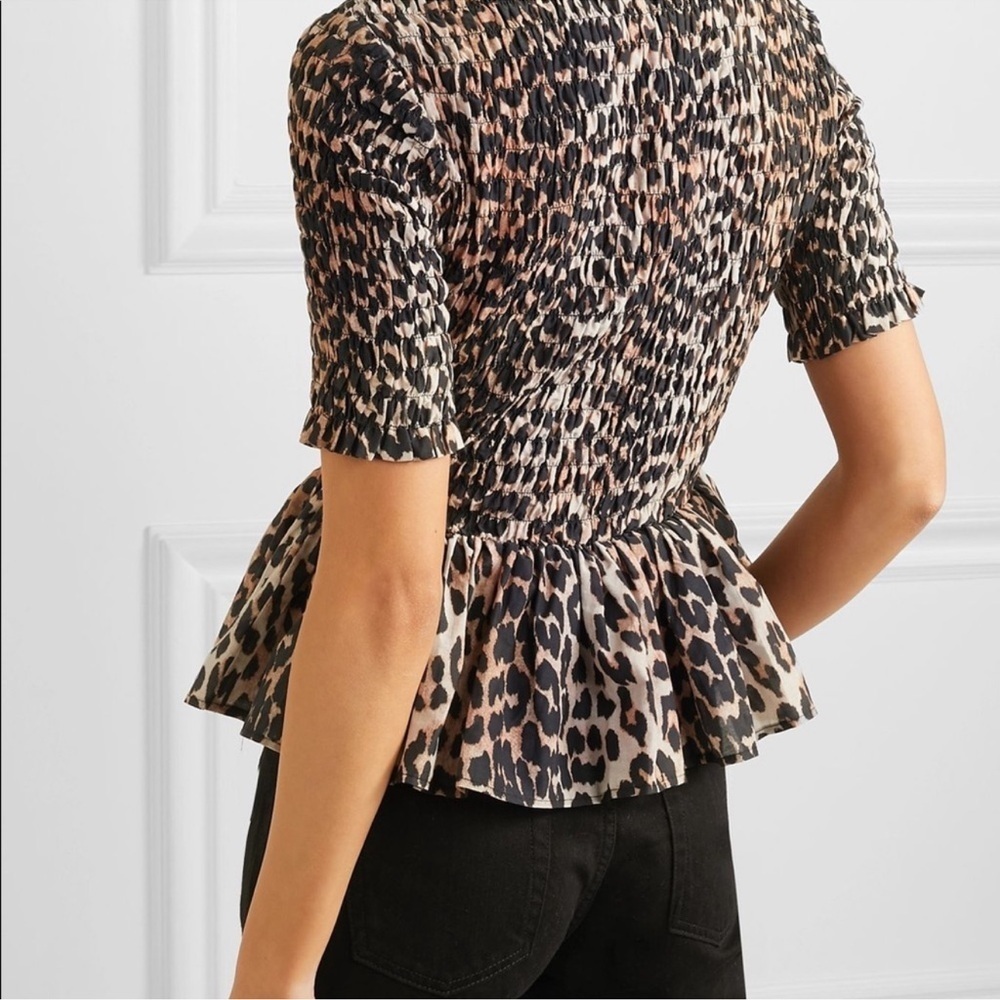 GANNI Leo Leopard Print Smocked Peplum Blouse Sz 36 / US 4 Cotton Silk Top - Picture 2 of 10